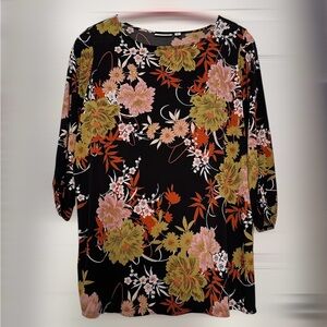 Susan Graver Tunic Top Floral Print 3/4 Long Sleeves Blouse Plus Size 2X, Black